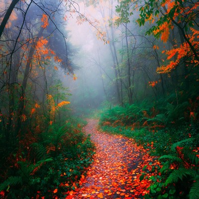 Path through foggy autumn forest