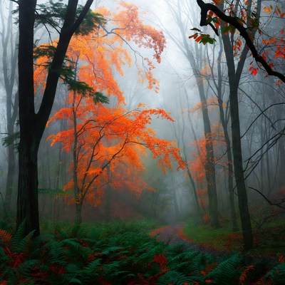 Foggy forest path with orange trees