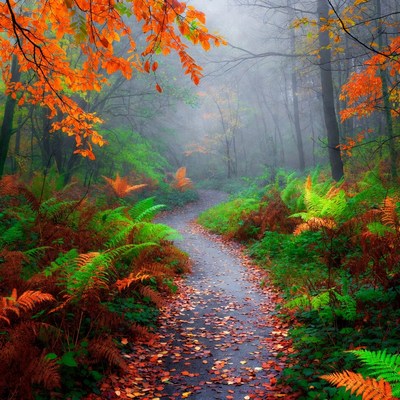 Foggy path in colorful autumn forest