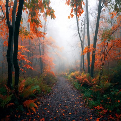 Colorful fall path in forest