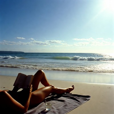 Reading a book on the beach during the day