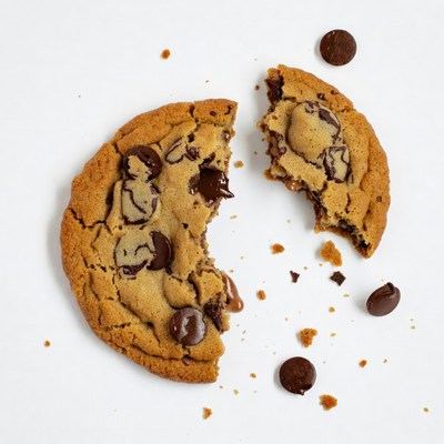 Cookie with chocolate pieces on white surface