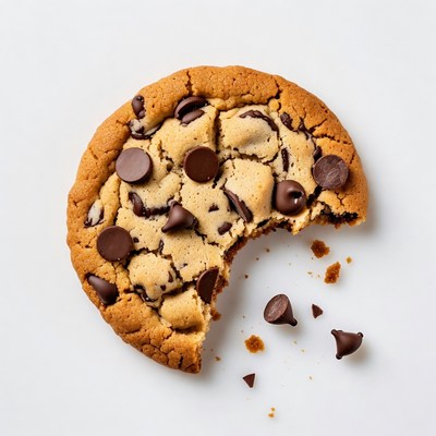 Warm cookie with chocolate chips on white surface