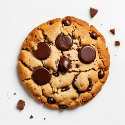 Freshly baked chocolate chip cookie on white plate