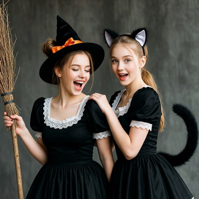 Young girls in costumes for halloween celebration