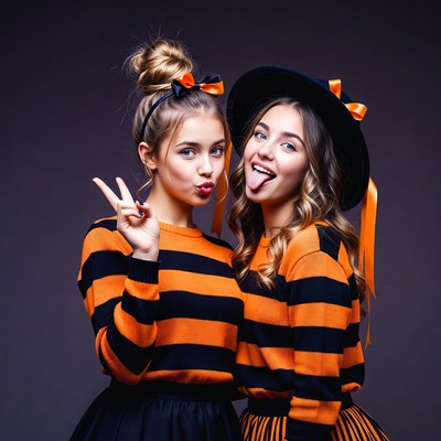 Friends in matching striped outfits