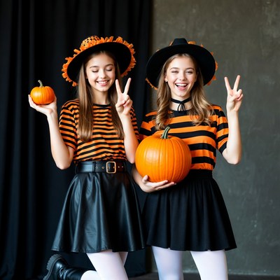 Girls in halloween costumes with pumpkins
