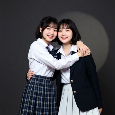 Two friends in school uniforms smile together