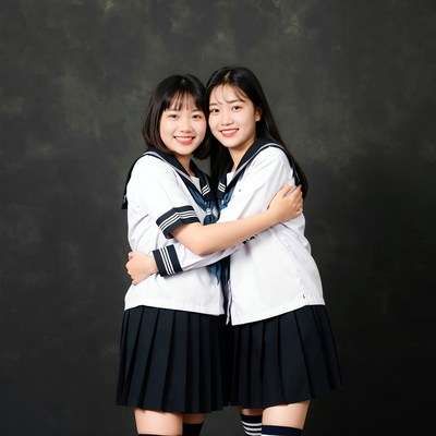 Two friends in school uniforms pose together