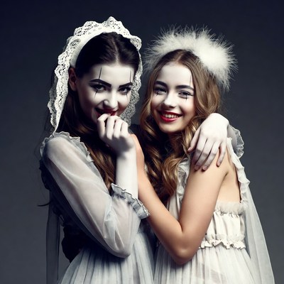Two girls in ghost costumes posing