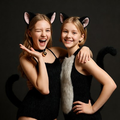 Girls in cat costumes having fun