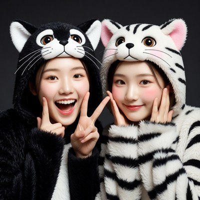 Two girls in cat costumes