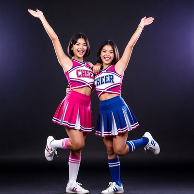 Cheerleaders pose on black background