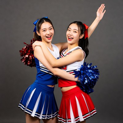 Cheerleaders posing with pom poms