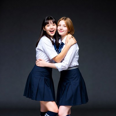 Friends in school uniforms smile together