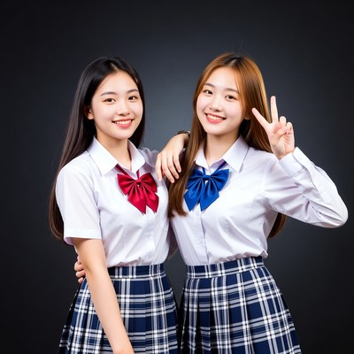 Friends in school uniforms smiling
