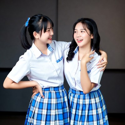 Friends in school uniforms smiling together