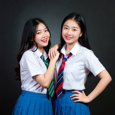 Friends pose together in school uniforms