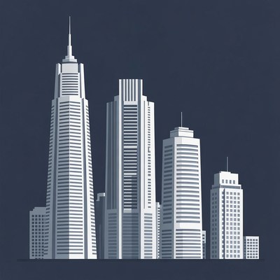 City skyline with tall buildings at night