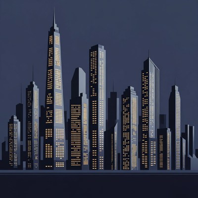 City skyline at night with lights