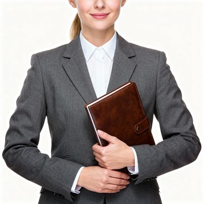 Business professional holding a notebook in office