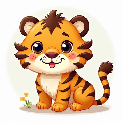 Cute cartoon tiger sitting with flowers