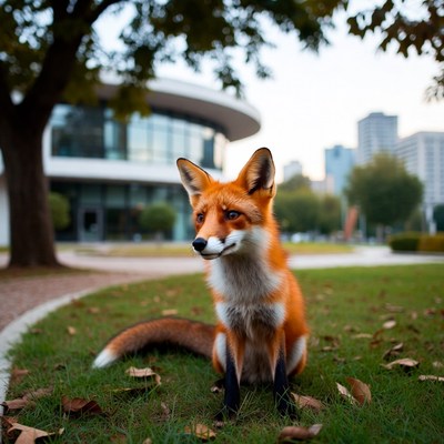 Fox sits in urban park area