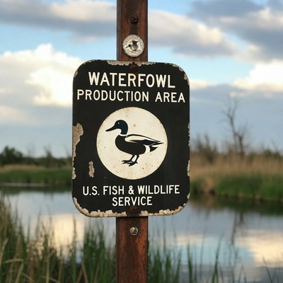 Waterfowl production area sign near water
