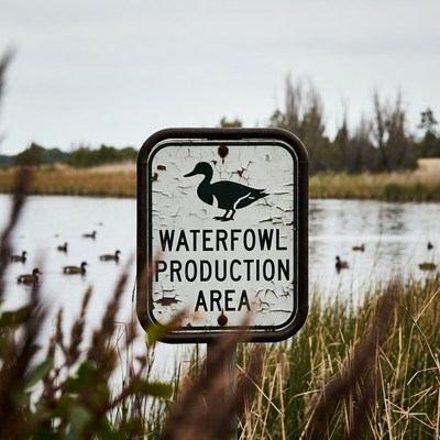 Waterfowl production area sign near water