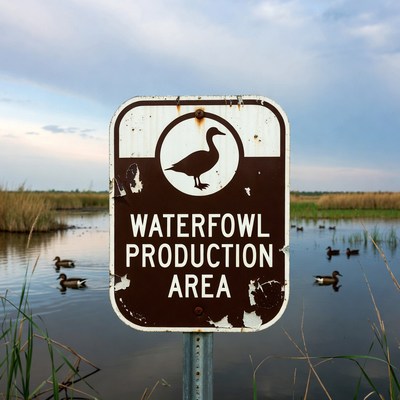 Sign at waterfowl production area in wetland