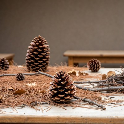 Pinecones and twigs on table