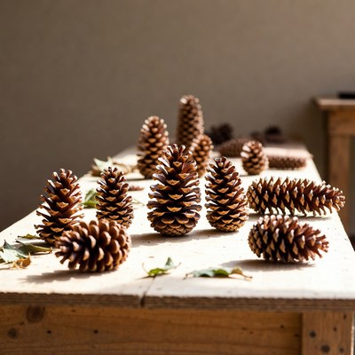 Pinecones arranged on wooden table