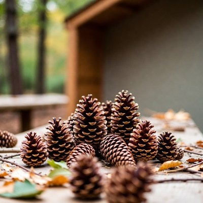 Gathering pine cones in autumn woods