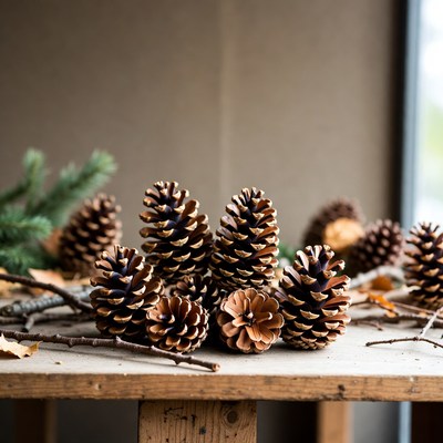 Pinecones arranged on a wooden table