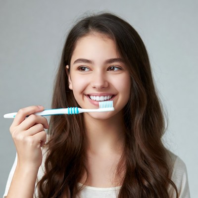 Girl brushing teeth with a toothbrush