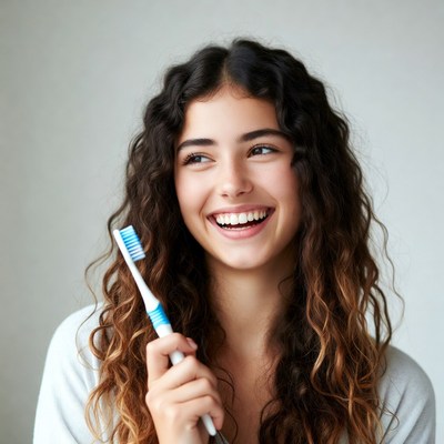 Smiling girl with toothbrush indoors