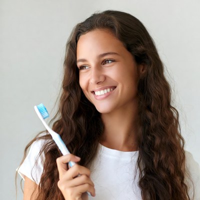 Woman holding toothbrush and smiling