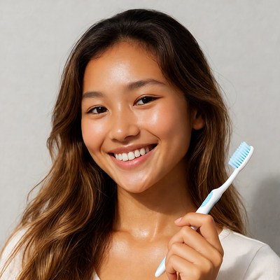 Smiling person holding a toothbrush