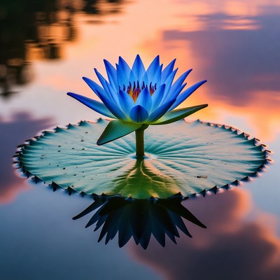 Blue water lily on pond at sunset