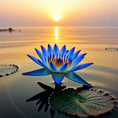 Blue flower at sunset on water