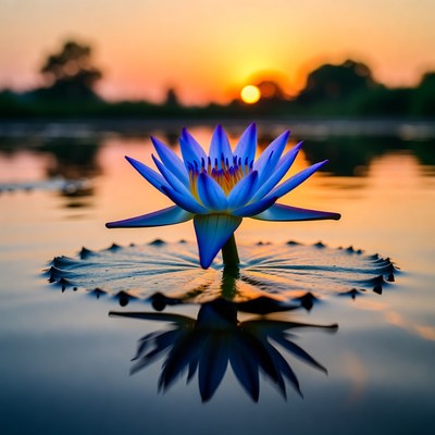 Sunset over blue water lily