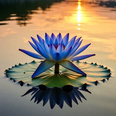 Flower floats on water at sunset