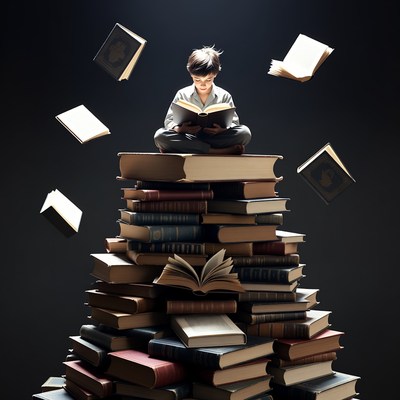 Child reading on stack of books