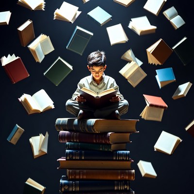 Boy reading with floating books