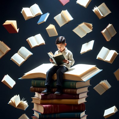Boy reading on large stack of books