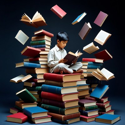 Child reading among floating books