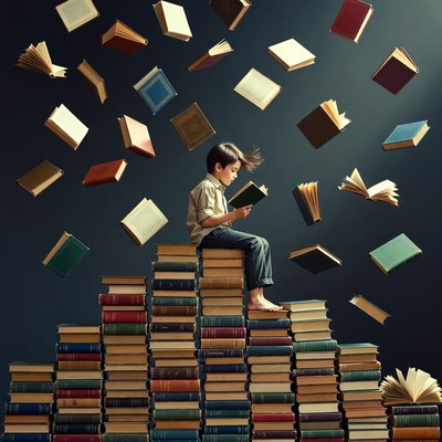 Child reading in a floating book scene