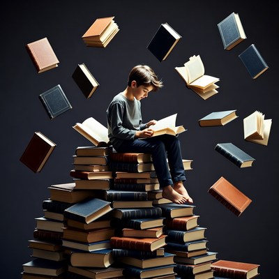 Boy reading on stack of books
