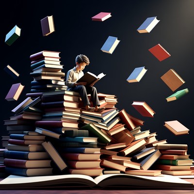 Boy reading among many books