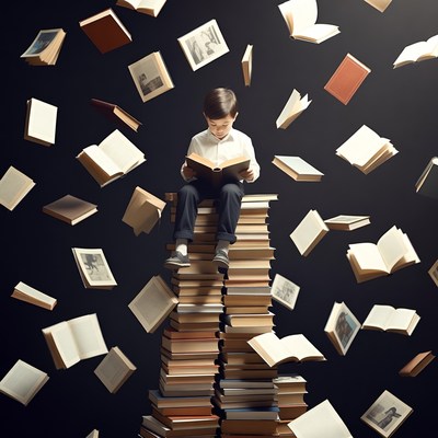 Child reads surrounded by floating books